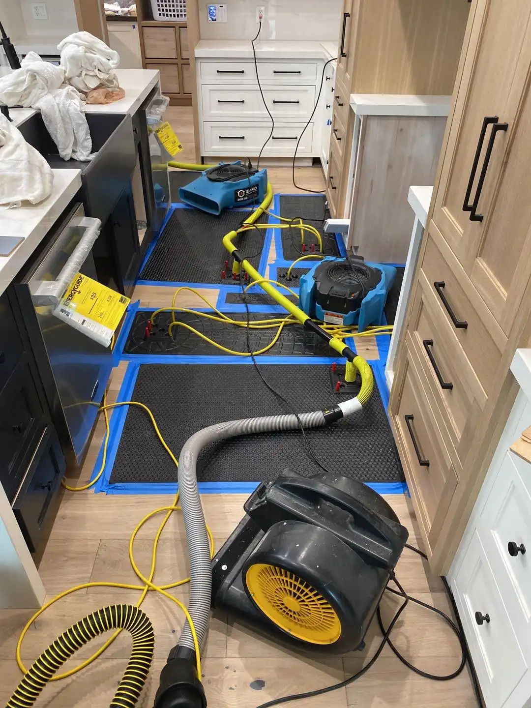 blue and black floor fans drying commercial floor